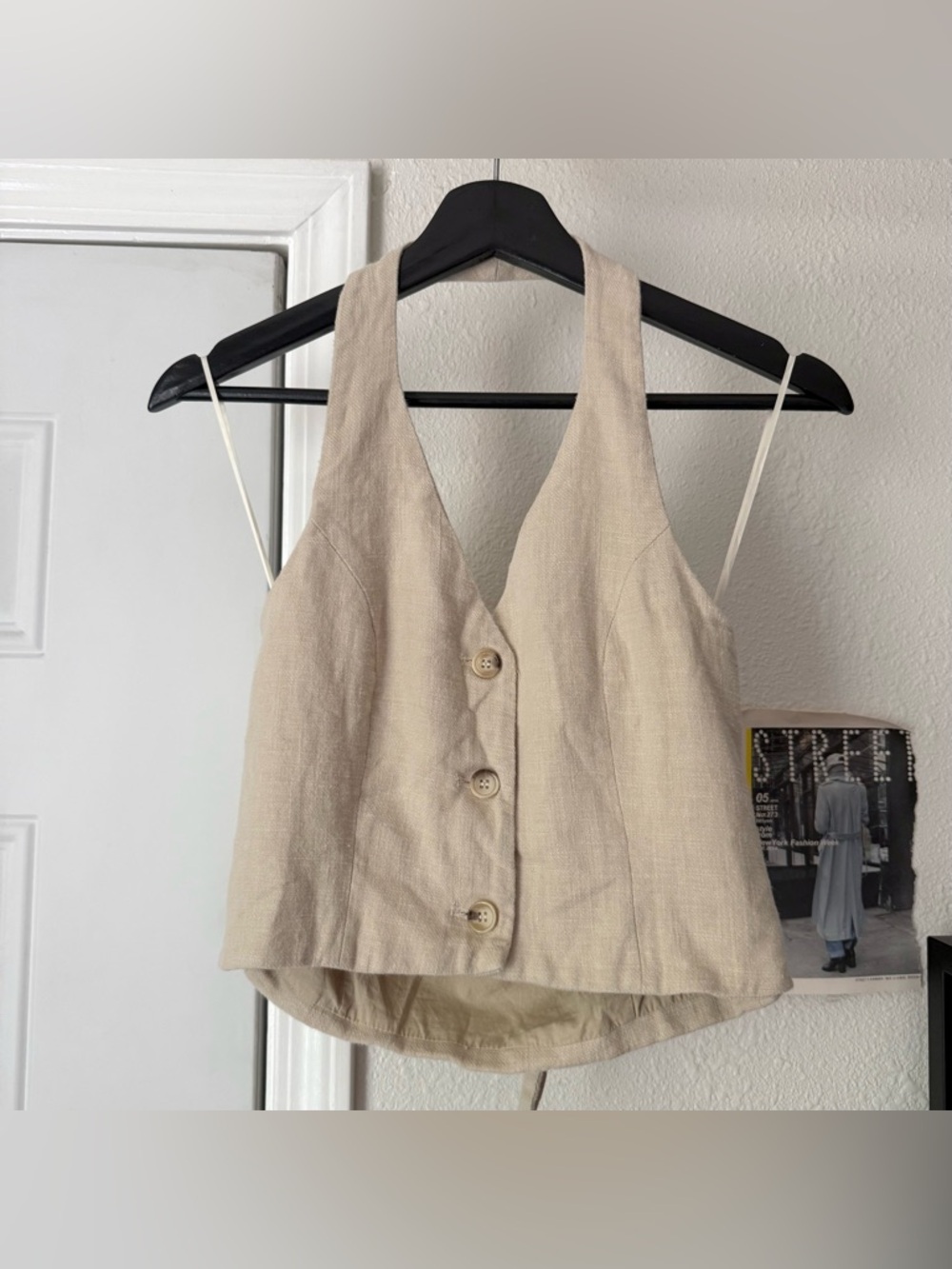 MIRAMAR tan beige cream halter neck linen cotton cropped open back top